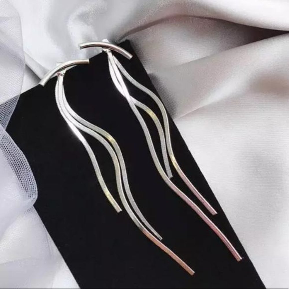 NEW STERLING SILVER BAR LONG TASSEL ARC EARRINGS